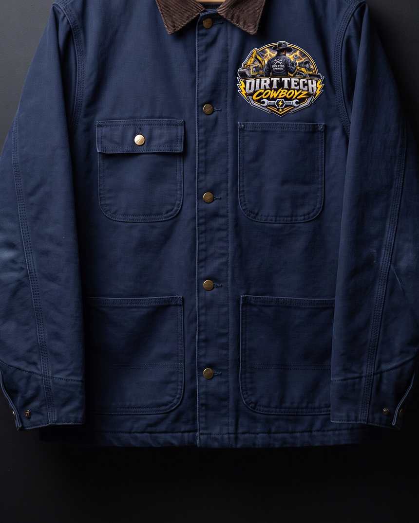 Navy duck canvas Dirt Tech Cowboyz chore coat hanging on a steel hook.
