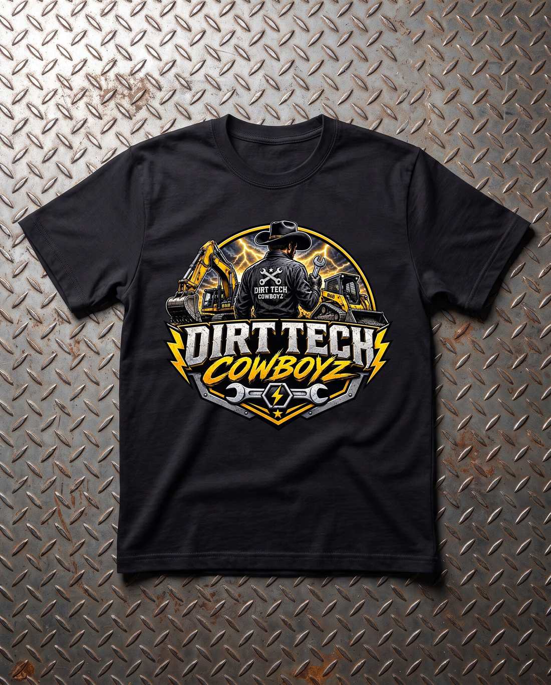 Black heavyweight Dirt Tech Cowboyz field tee laid flat on diamond plate steel.