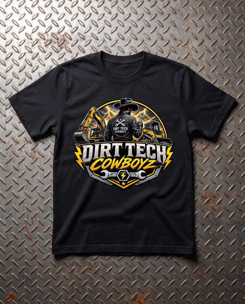 Black heavyweight Dirt Tech Cowboyz field tee laid flat on diamond plate steel.