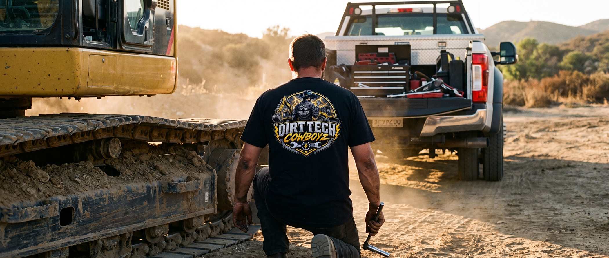 A mobile heavy equipment mechanic kneeling beside the track of an excavator at golden hour, seen from behind, wearing a Dirt Tech Cowboyz tee.