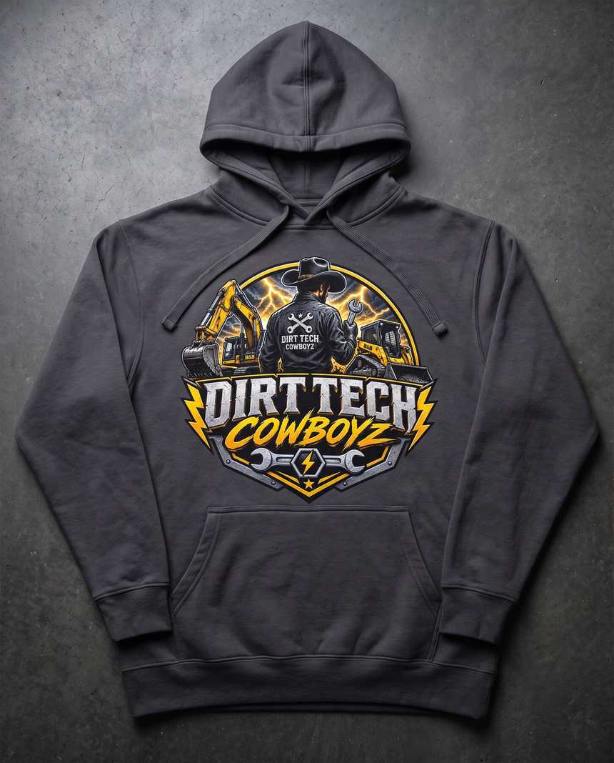 Charcoal grey Dirt Tech Cowboyz pullover hoodie laid flat on dark concrete.