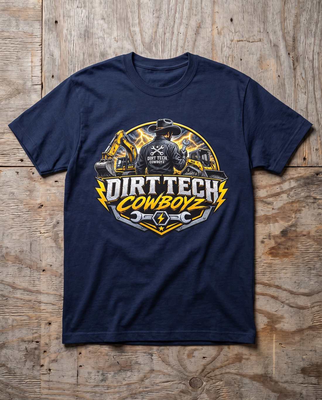 Navy work blue Dirt Tech Cowboyz tee laid flat on raw plywood.