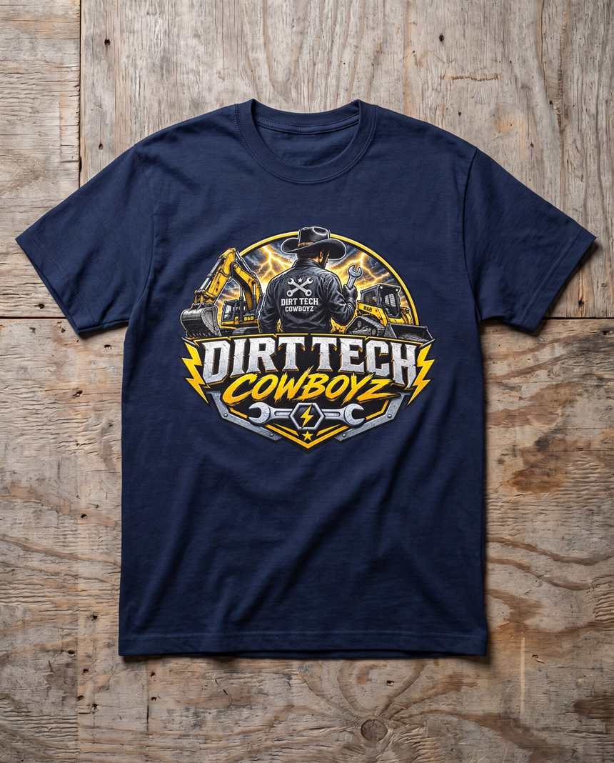 Navy work blue Dirt Tech Cowboyz tee laid flat on raw plywood.