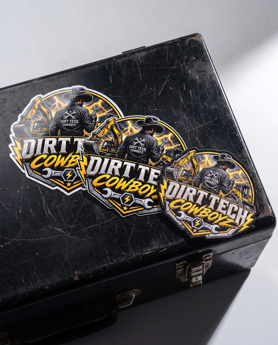 Dirt Tech Cowboyz die cut vinyl stickers and an embroidered patch on a black toolbox lid.