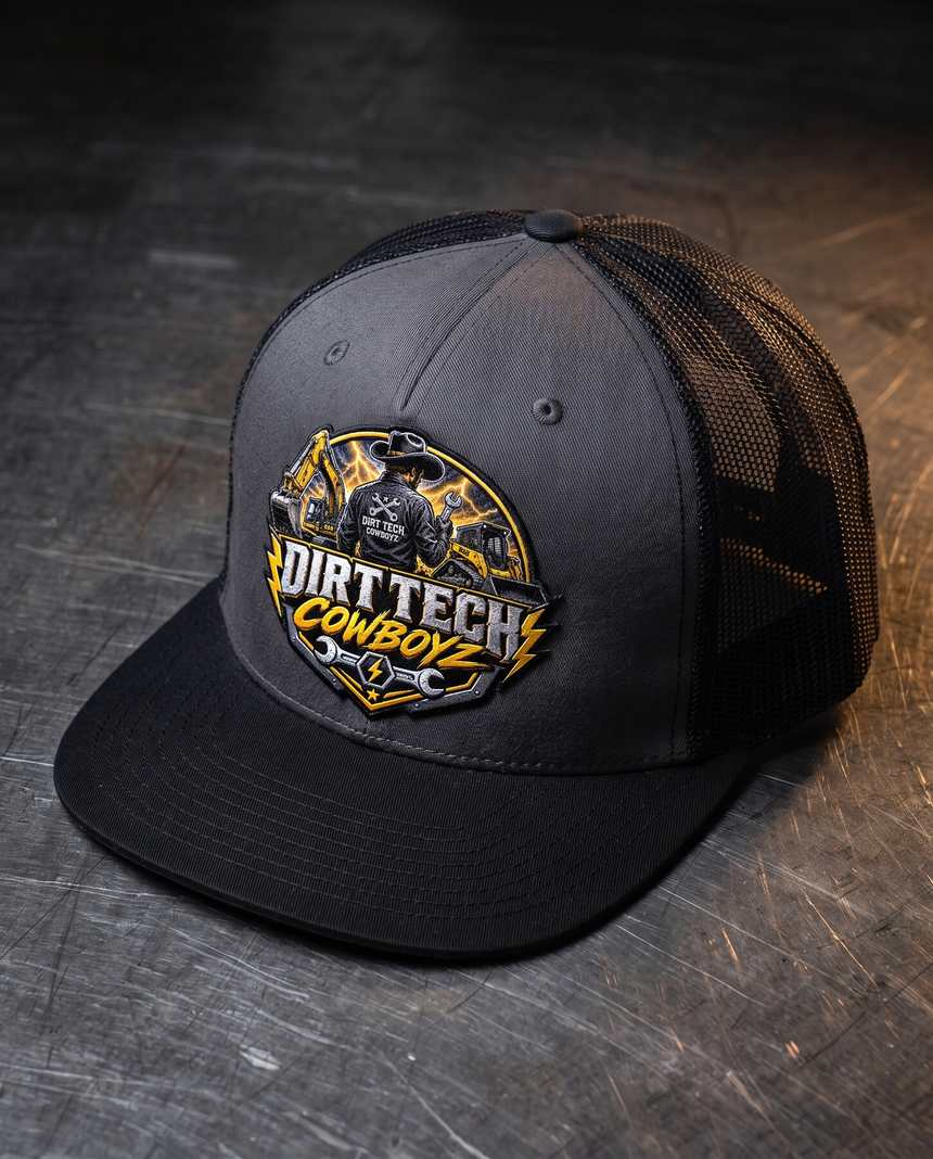 Black and charcoal Dirt Tech Cowboyz trucker cap on a steel workbench.