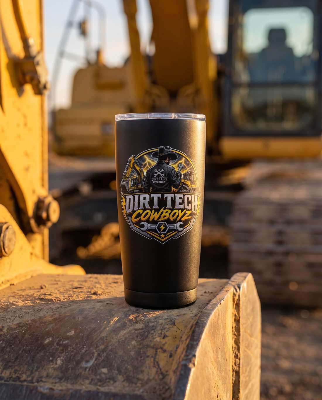 Matte black insulated Dirt Tech Cowboyz tumbler on the fender of a yellow excavator.